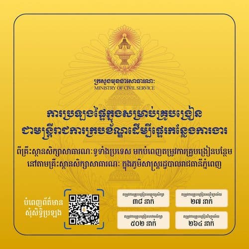 ចាប់ផ្តើមទទួលពាក្យ «ការប្រឡងផ្ទៃក្នុងសម្រាប់គ្រូបង្រៀនជាមន្ត្រីរាជការក្របខ័ណ្ឌដើម្បីផ្ទេរកន្លែងការងារពីគ្រឹះស្ថានសិក្សាសាធារណៈទូទាំងប្រទេស មកបំពេញតម្រូវការគ្រូបង្រៀនបន្ថែម នៅតាមគ្រឹះស្ថានសិក្សាសាធារណៈ ក្នុងភូមិសាស្ត្ររដ្ឋបាលរាជធានីភ្នំពេញ»
